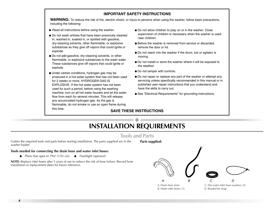 Maytag W10092684A manual Important Safety Instructions, Parts supplied 