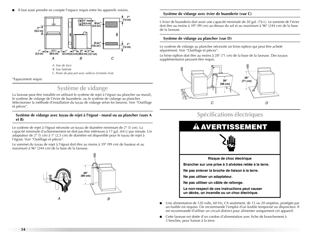 Maytag W10092684A manual Spécifications électriques, Système de vidange avec évier de buanderie vue C 