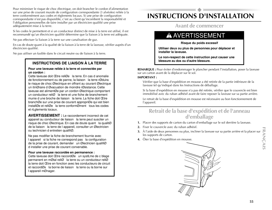 Maytag W10092684A Instructions Dinstallation, Avant de commencer, Retrait de la base dexpédition et de lanneau Demballage 