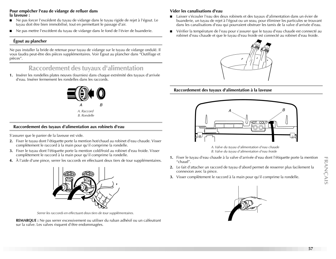 Maytag W10092684A manual Raccordement des tuyaux dalimentation 