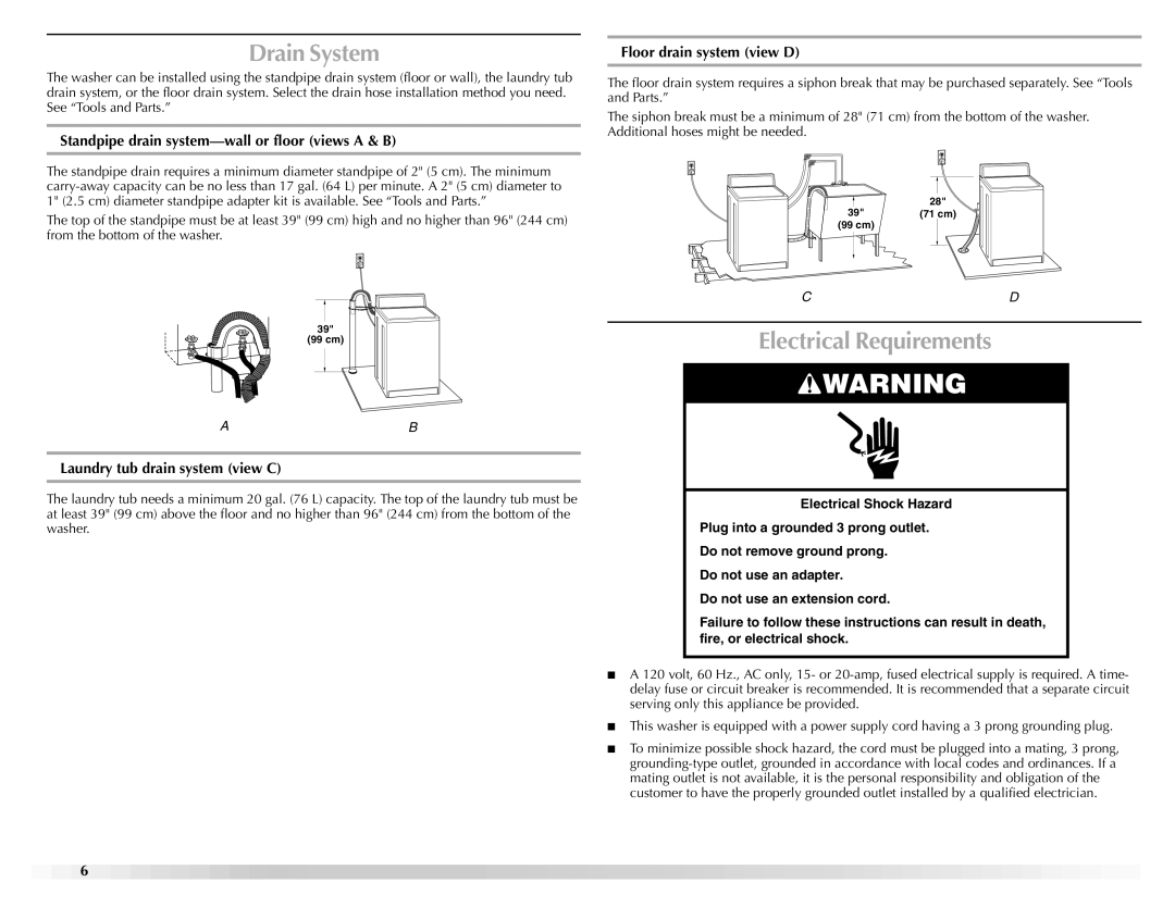 Maytag W10092684A manual Drain System, Electrical Requirements, Standpipe drain system-wall or floor views a & B 