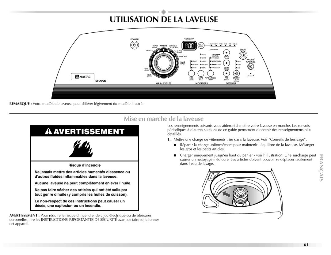 Maytag W10092684A manual Utilisation DE LA Laveuse, Mise en marche de la laveuse 