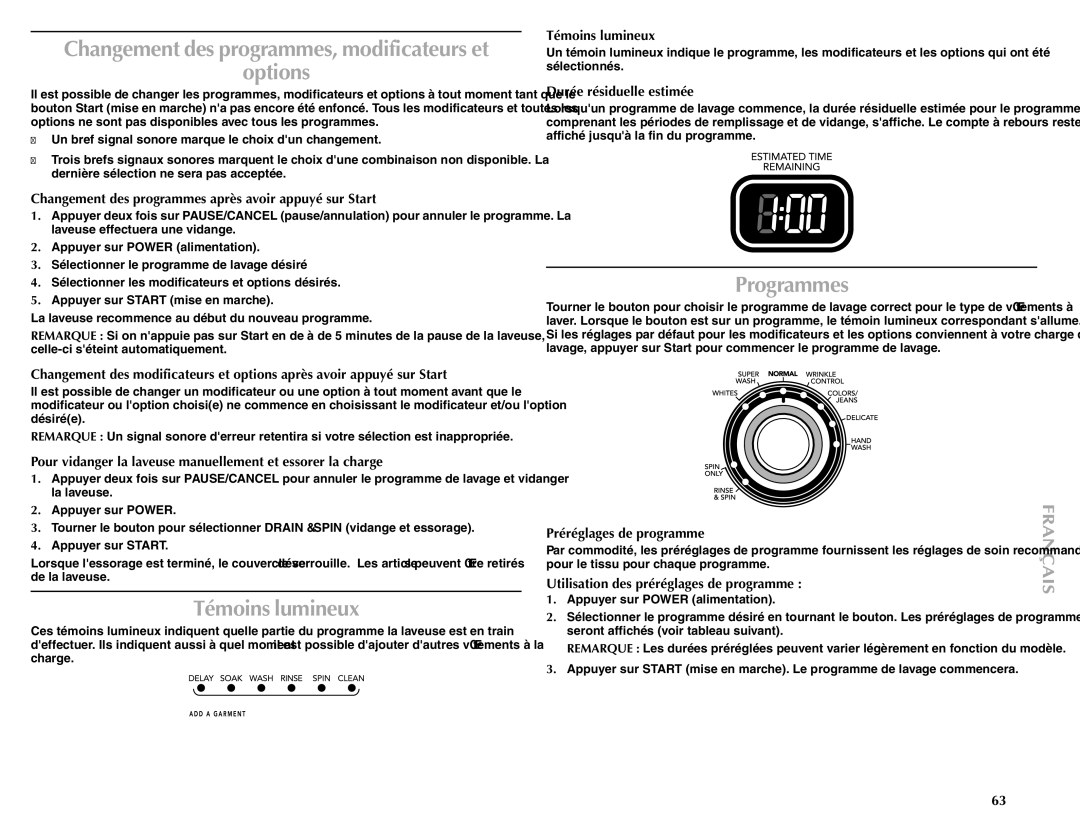 Maytag W10092684A manual Témoins lumineux, Programmes 