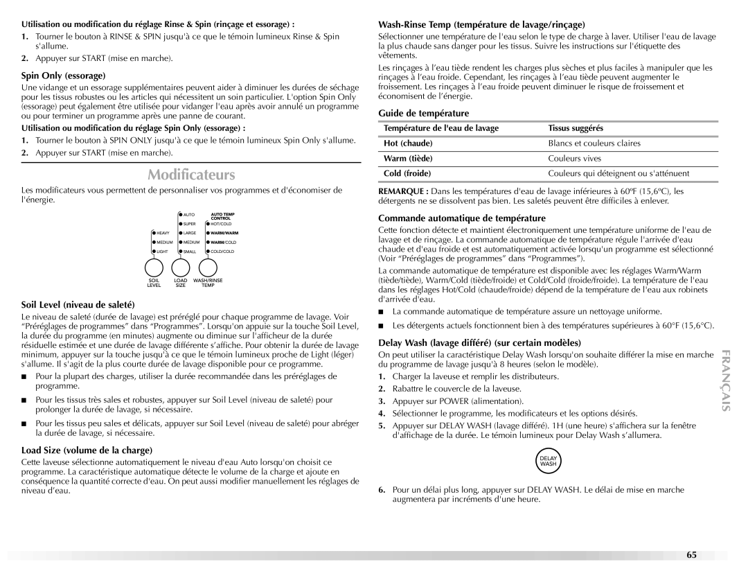 Maytag W10092684A manual Modificateurs 