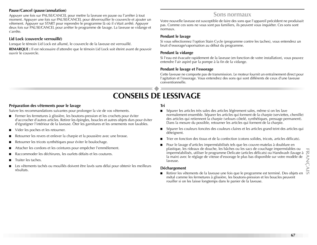 Maytag W10092684A manual Conseils DE Lessivage, Sons normaux 