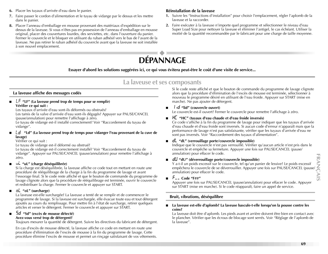 Maytag W10092684A Dépannage, La laveuse et ses composants, Réinstallation de la laveuse, Bruit, vibrations, déséquilibre 