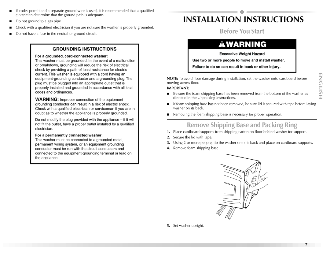 Maytag W10092684A manual Installation Instructions, Before You Start, Remove Shipping Base and Packing Ring 