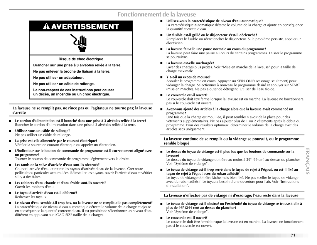 Maytag W10092684A manual Fonctionnement de la laveuse 