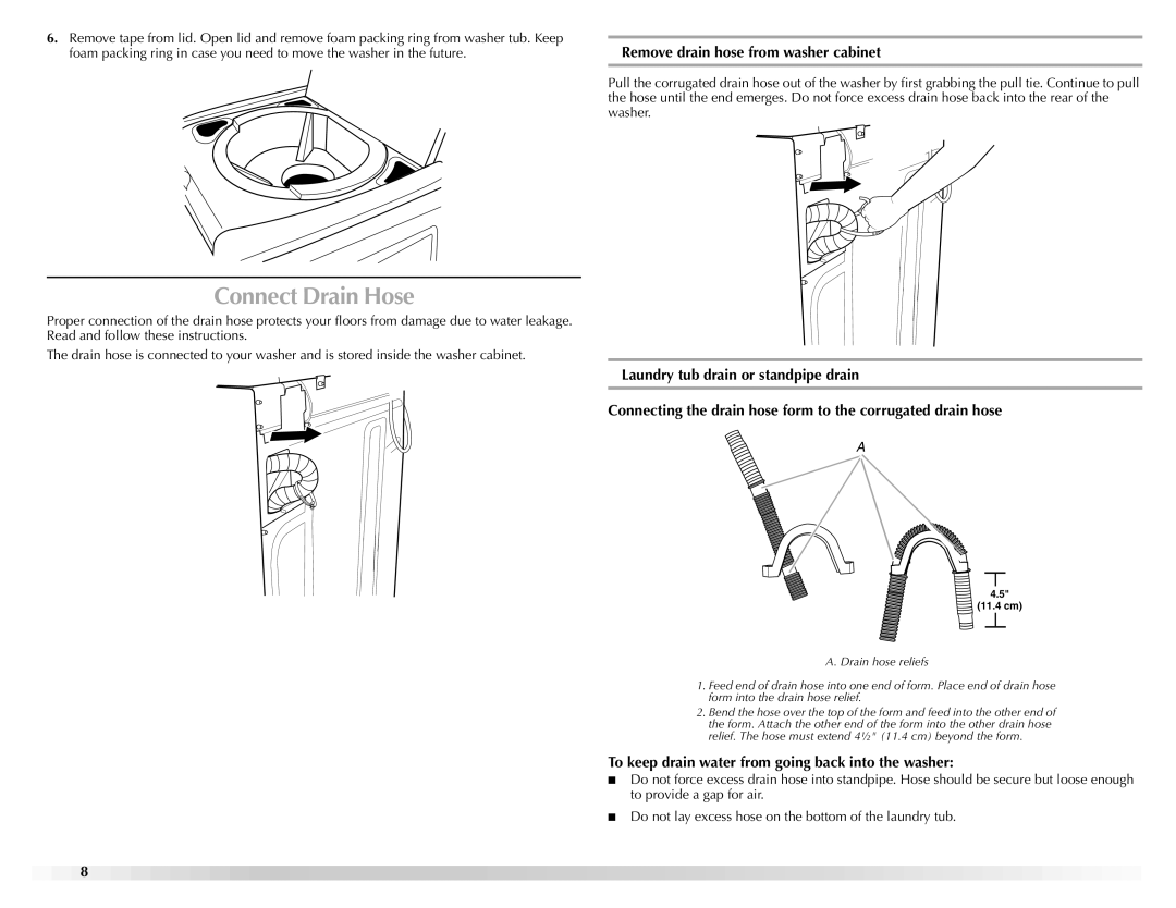 Maytag W10092684A manual Connect Drain Hose, Remove drain hose from washer cabinet 