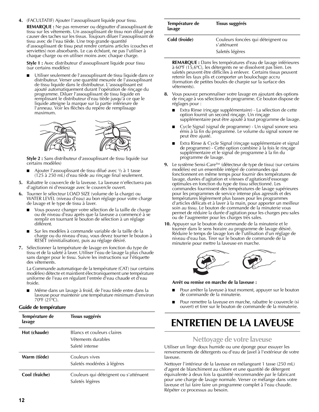 Maytag W10092796B, W10092797B, MVWC400VW warranty Nettoyage de votre laveuse, Guide de température 