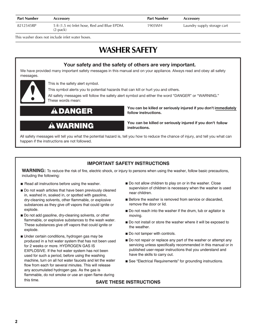 Maytag MVWC400VW, W10092796B, W10092797B warranty Washer Safety, Your safety and the safety of others are very important 