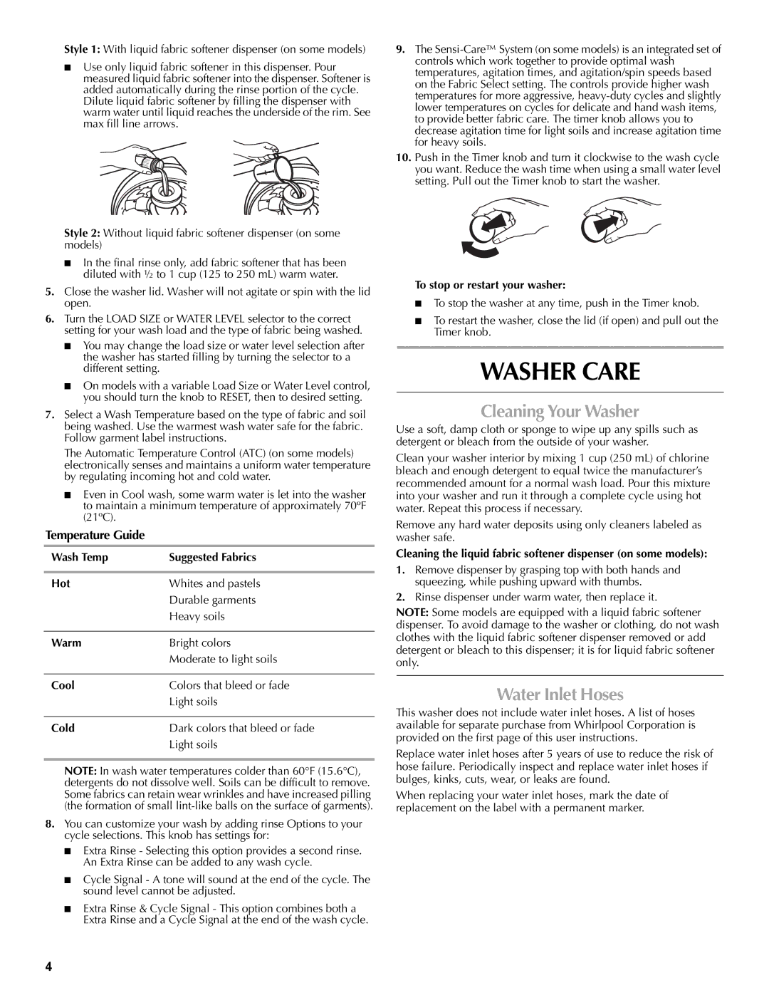 Maytag W10092797B, W10092796B, MVWC400VW warranty Washer Care, Cleaning Your Washer, Water Inlet Hoses, Temperature Guide 