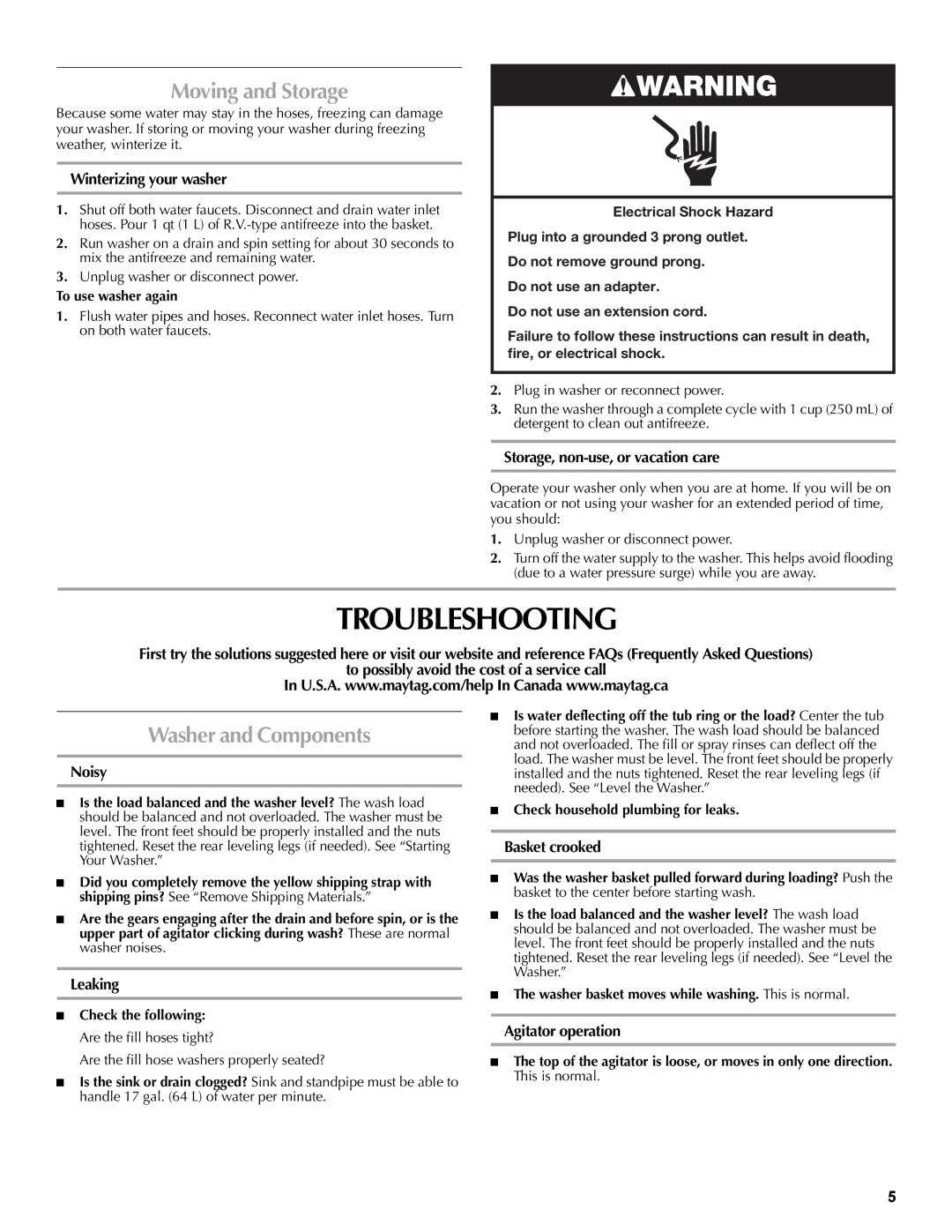 Maytag MVWC400VW, W10092796B, W10092797B warranty Troubleshooting, Moving and Storage, Washer and Components 