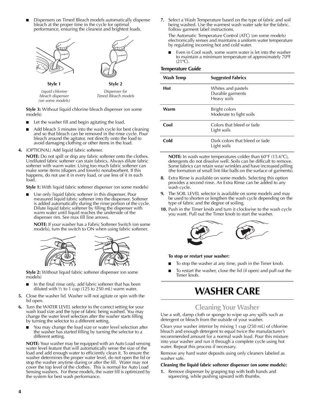 Maytag W10092799B-SP, W10092798B, MVWC6ESWW warranty Washer Care, Cleaning Your Washer, Temperature Guide 