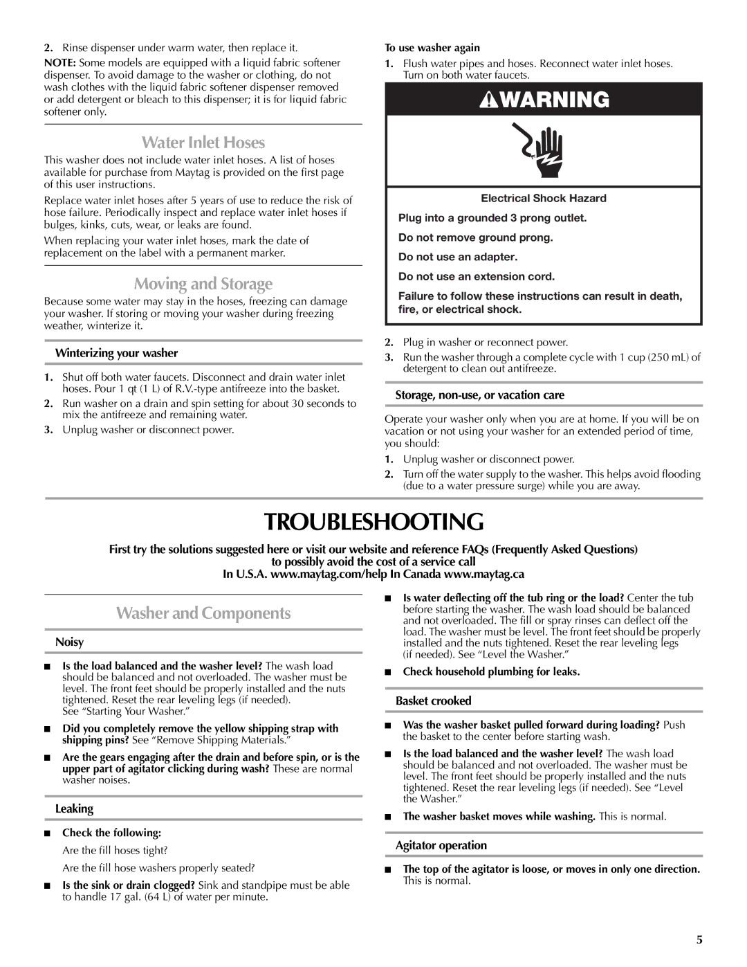 Maytag MVWC6ESWW, W10092798B, W10092799B-SP Troubleshooting, Water Inlet Hoses, Moving and Storage, Washer and Components 