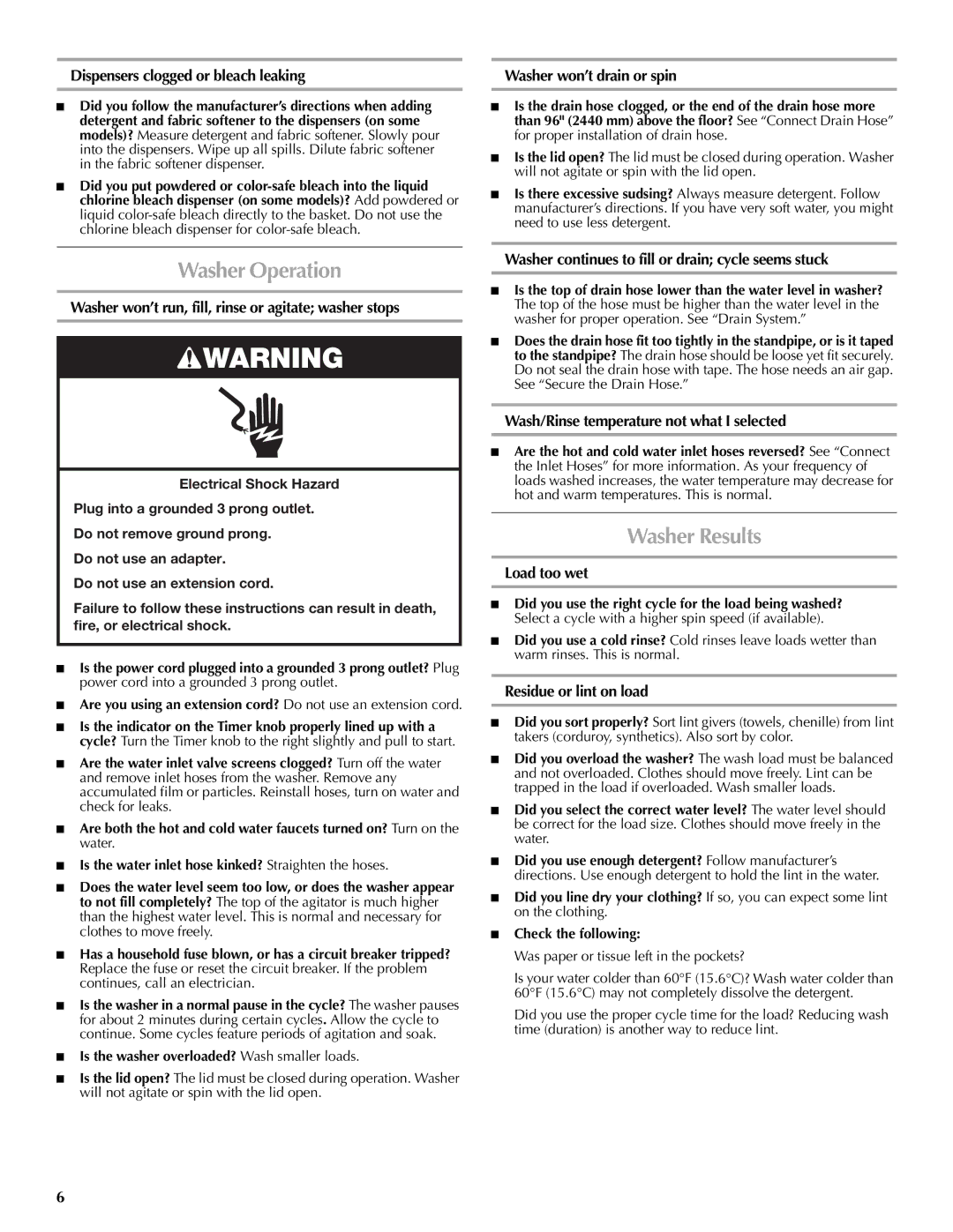 Maytag W10092798B, W10092799B-SP, MVWC6ESWW warranty Washer Operation, Washer Results 