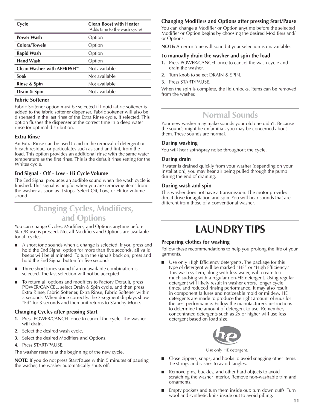 Maytag W10092823A - SP, W10092822A quick start Changing Cycles, Modifiers Options, Normal Sounds 