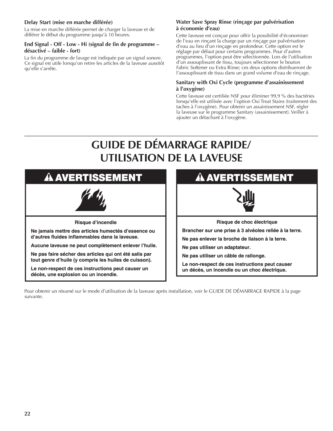 Maytag W10092822A, W10092823A - SP quick start Utilisation DE LA Laveuse, Delay Start mise en marche différée 