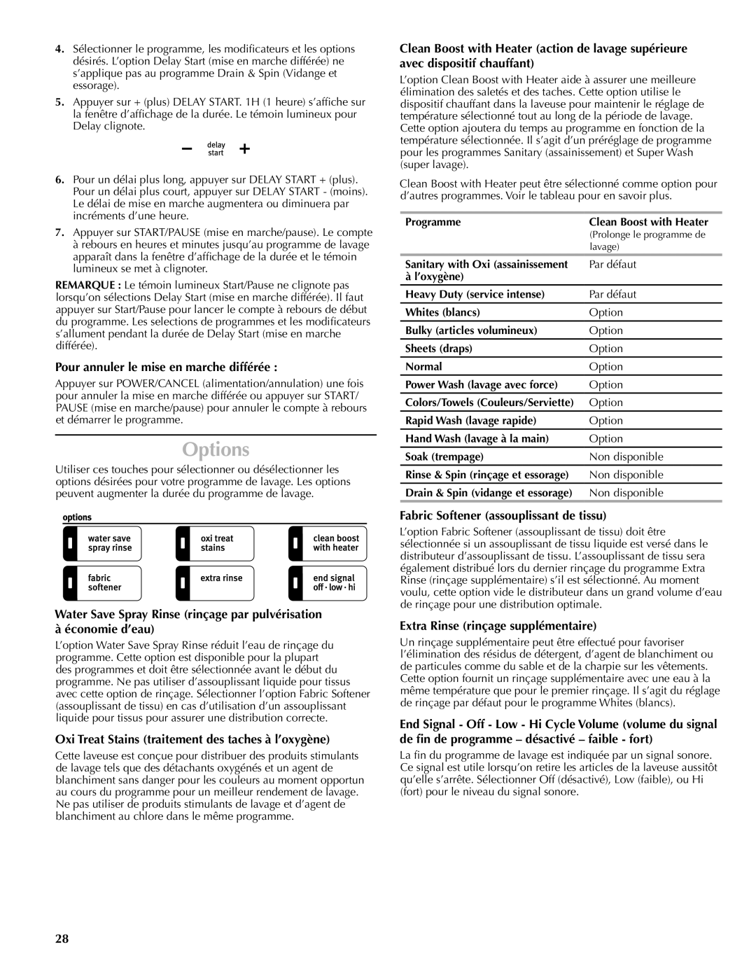 Maytag W10092822A quick start Pour annuler le mise en marche différée, Oxi Treat Stains traitement des taches à l’oxygène 