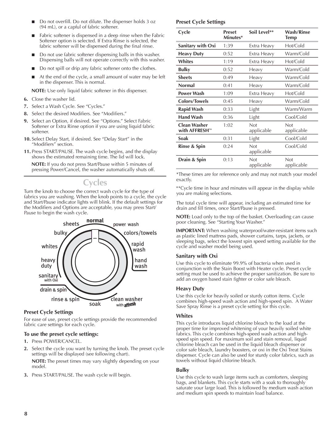 Maytag W10092822A, W10092823A - SP quick start Cycles 