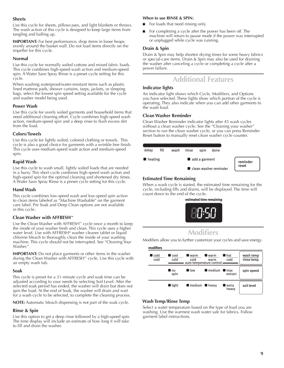 Maytag W10092823A - SP, W10092822A quick start Additional Features, Modifiers 