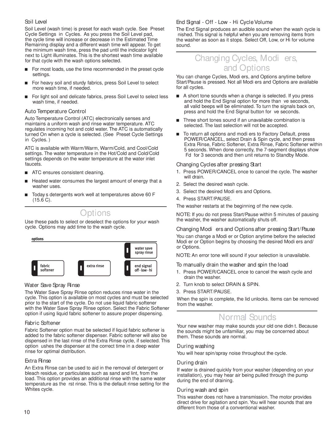 Maytag W10092824A, W10092825A - SP quick start Changing Cycles, Modifiers Options, Normal Sounds 