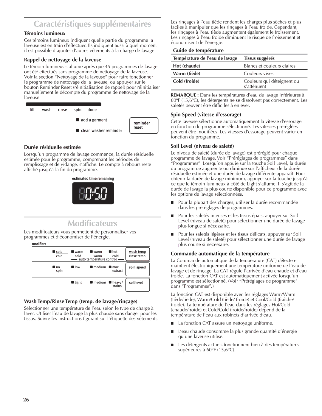 Maytag W10092824A, W10092825A - SP quick start Caractéristiques supplémentaires, Modificateurs 