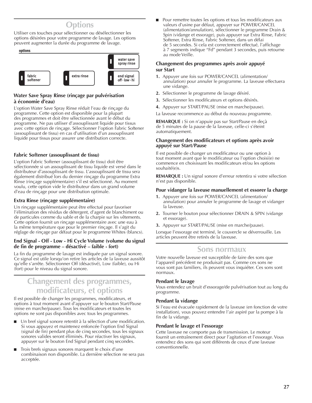 Maytag W10092825A - SP, W10092824A quick start Changement des programmes Modificateurs, et options, Sons normaux 