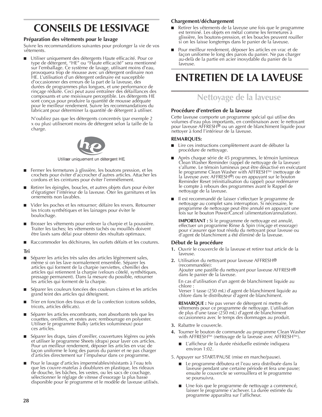 Maytag W10092824A, W10092825A - SP quick start Conseils DE Lessivage, Nettoyage de la laveuse 