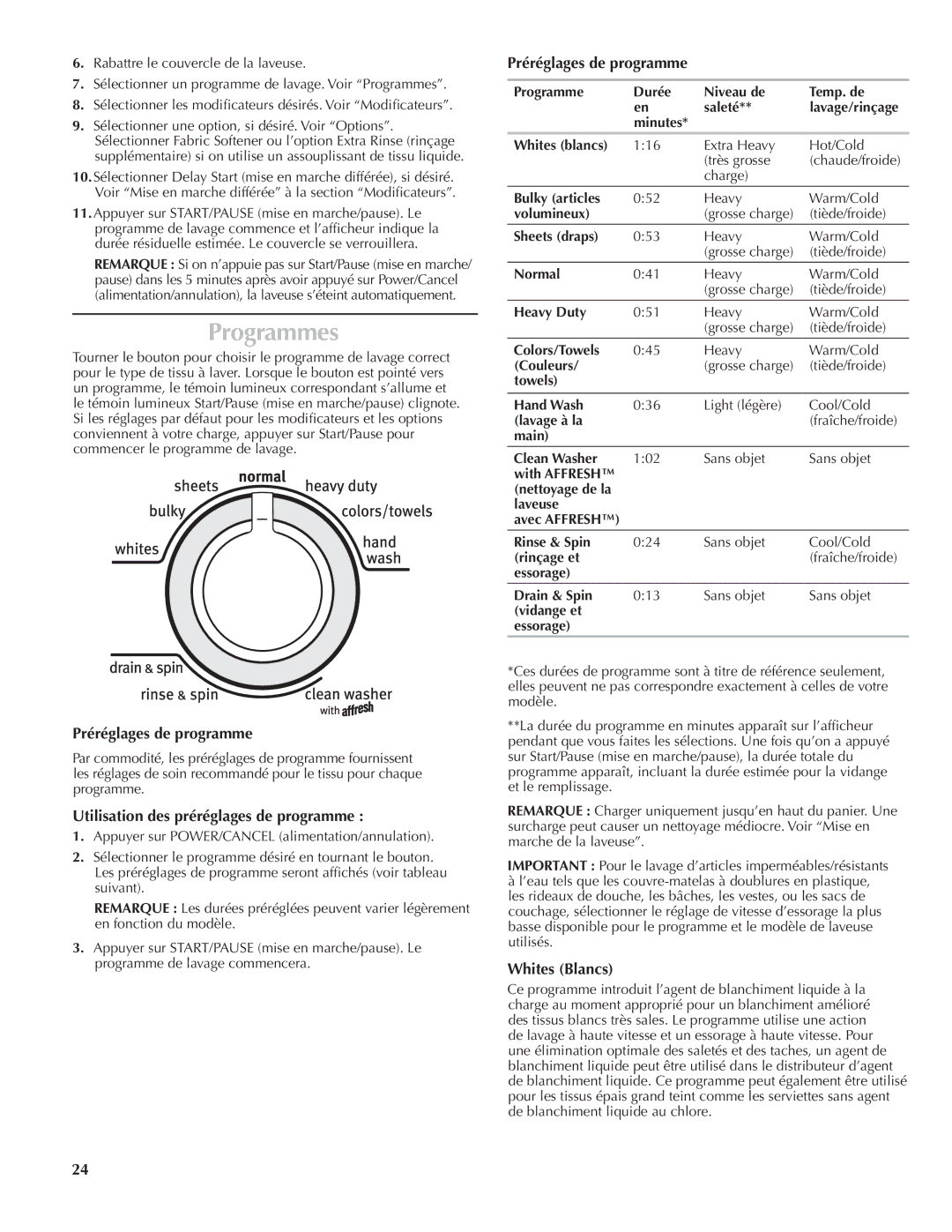 Maytag W10092826B, MVWB300WQ Programmes, Préréglages de programme, Utilisation des préréglages de programme, Whites Blancs 