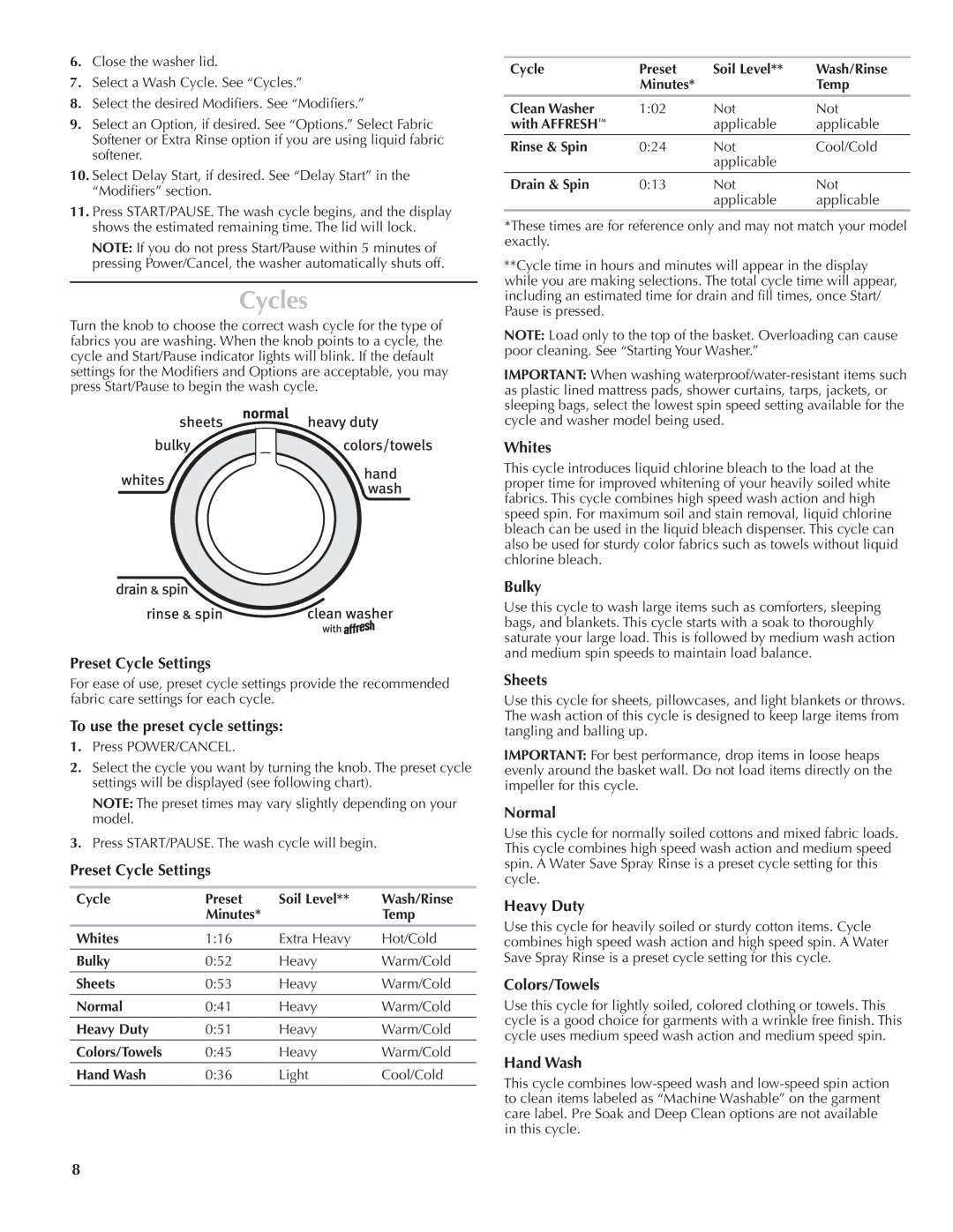 Maytag MVWB300WQ, W10092826B, W10092827B quick start Cycles 