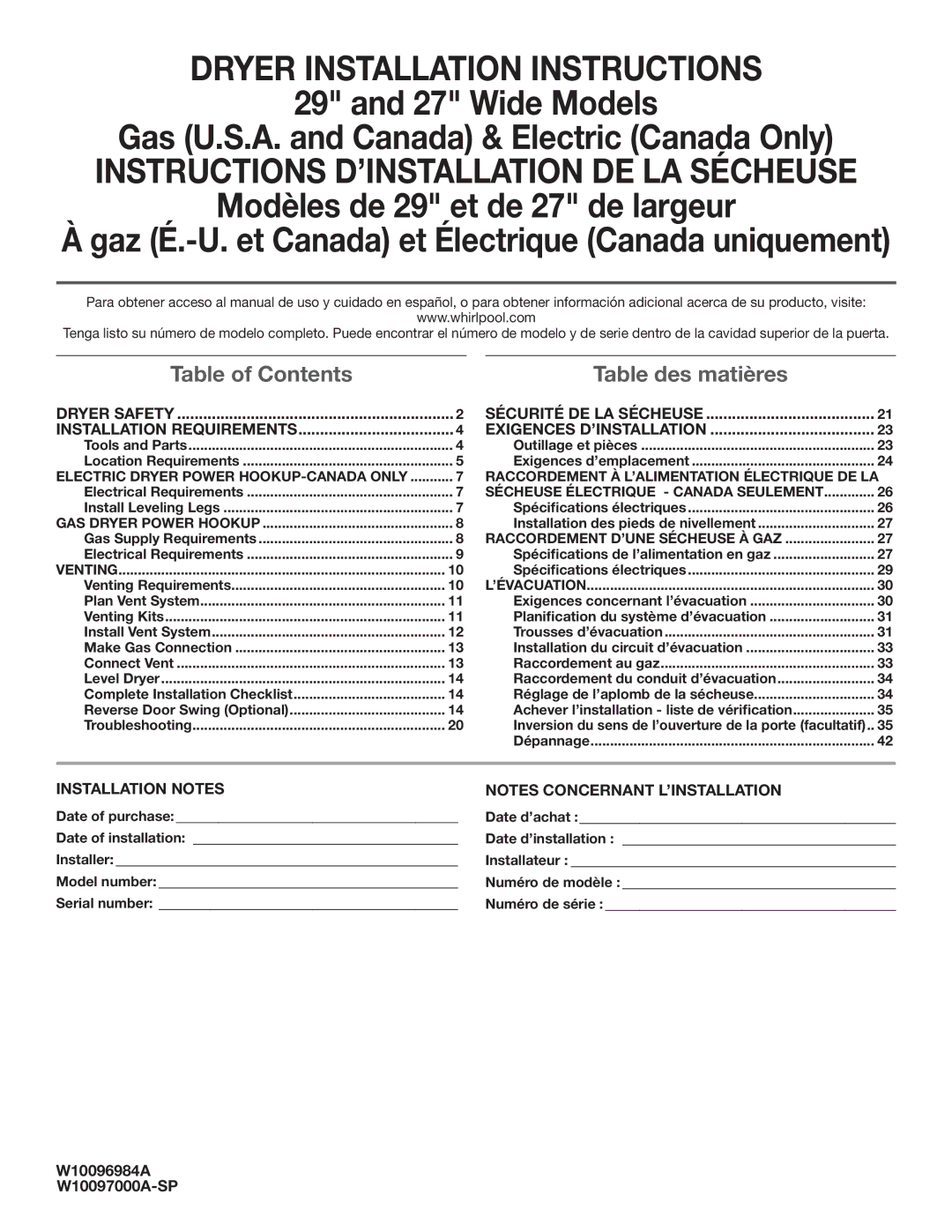 Maytag W10096984A, W10097000A-SP, MGDX600XW installation instructions Gaz É.-U. et Canada et Électrique Canada uniquement 