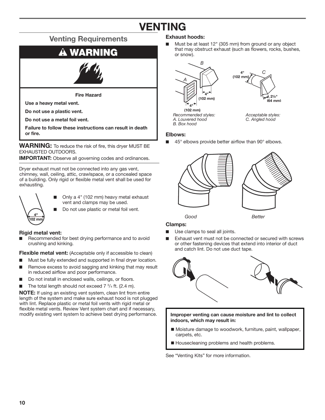 Maytag W10096984A, W10097000A-SP, MGDX600XW installation instructions Venting Requirements 