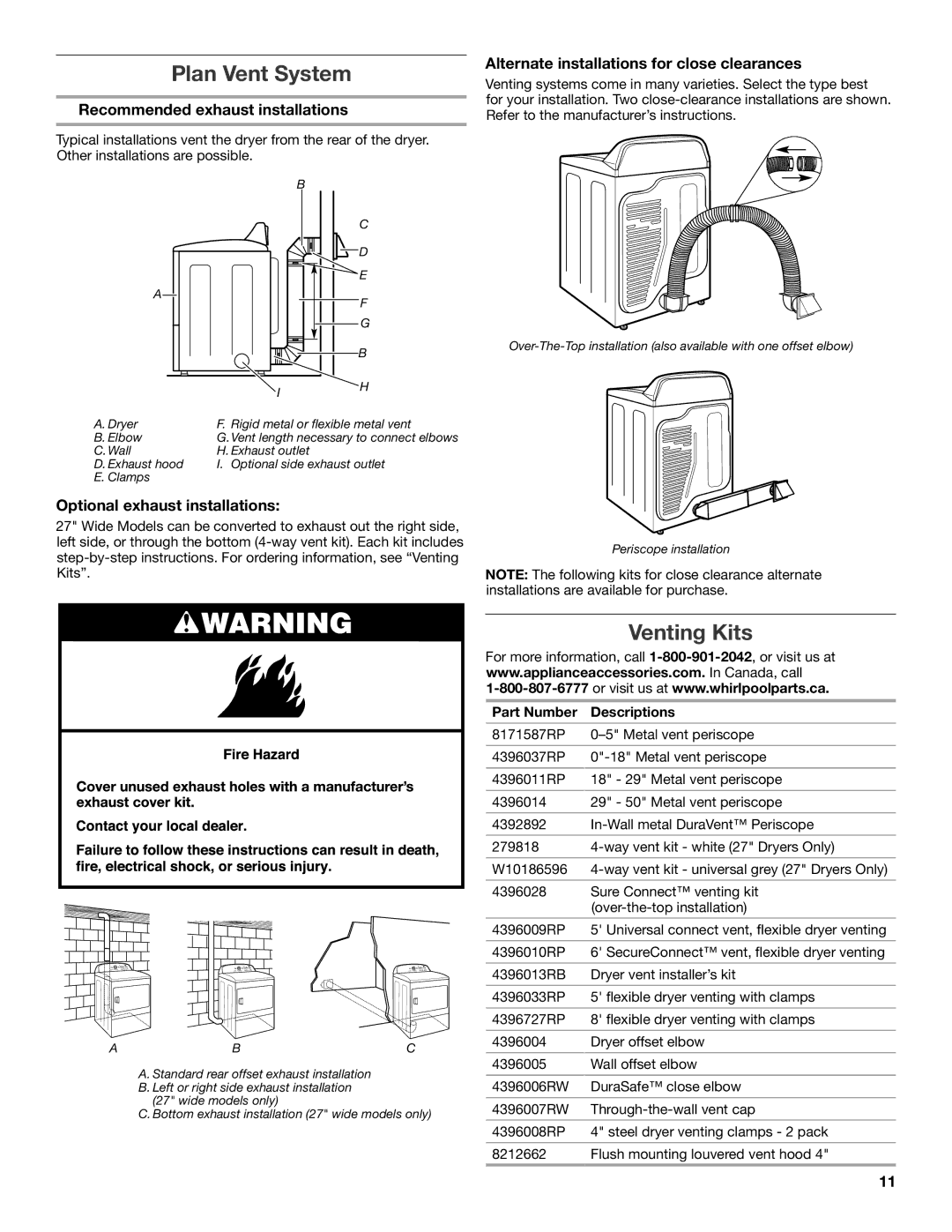 Maytag MGDX600XW Plan Vent System, Venting Kits, Recommended exhaust installations, Optional exhaust installations 