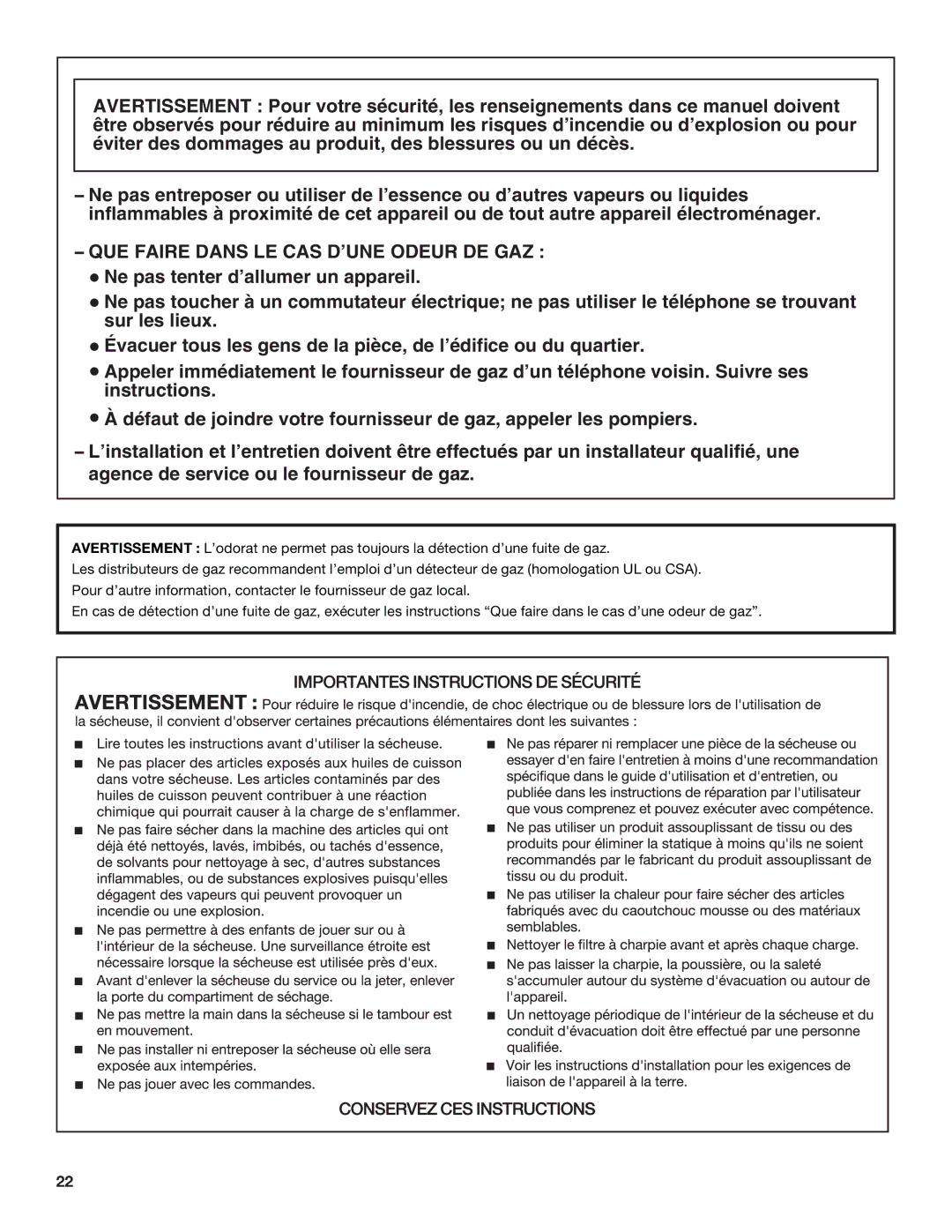 Maytag W10096984A, W10097000A-SP, MGDX600XW installation instructions QUE Faire Dans LE CAS D’UNE Odeur DE GAZ 