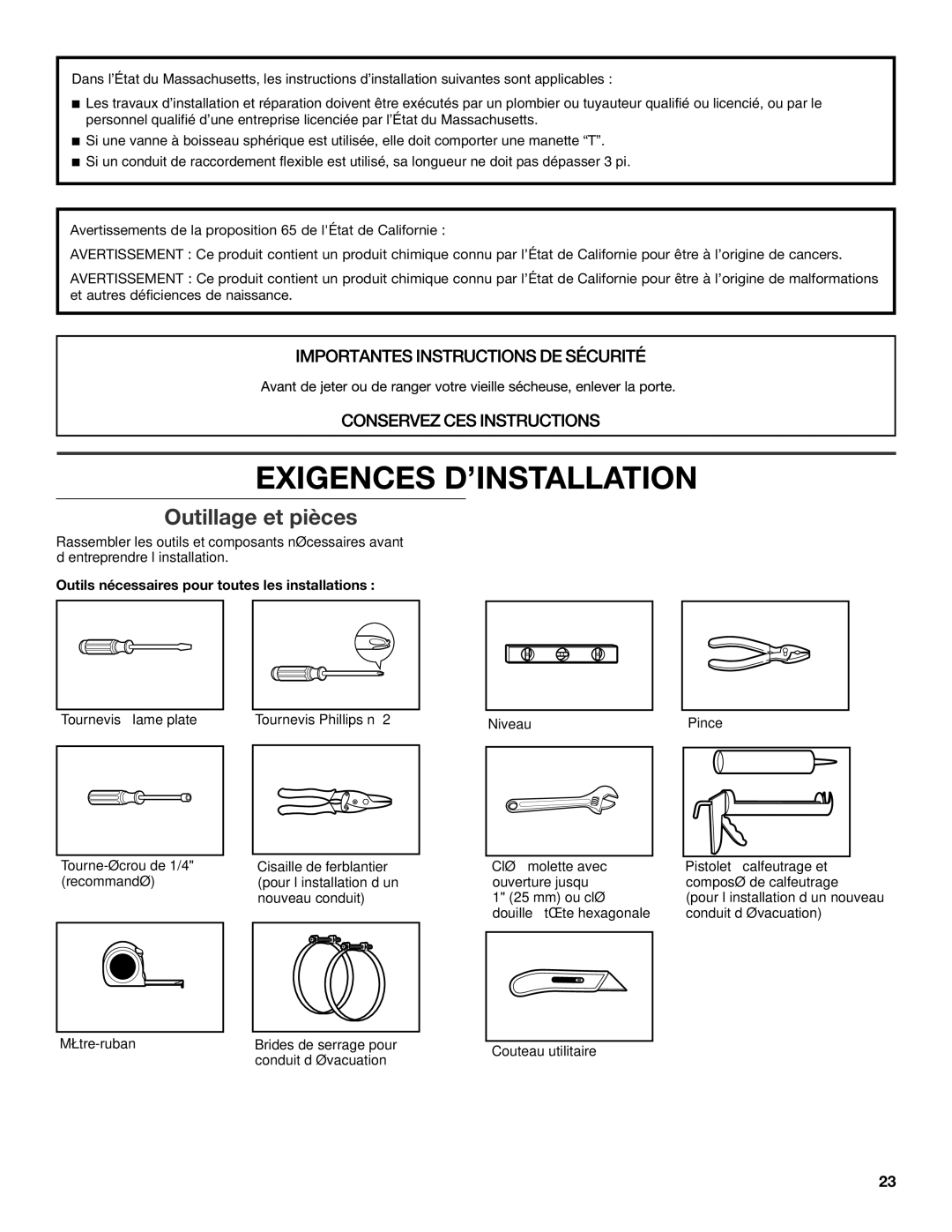 Maytag MGDX600XW Exigences D’INSTALLATION, Outillage et pièces, Outils nécessaires pour toutes les installations 