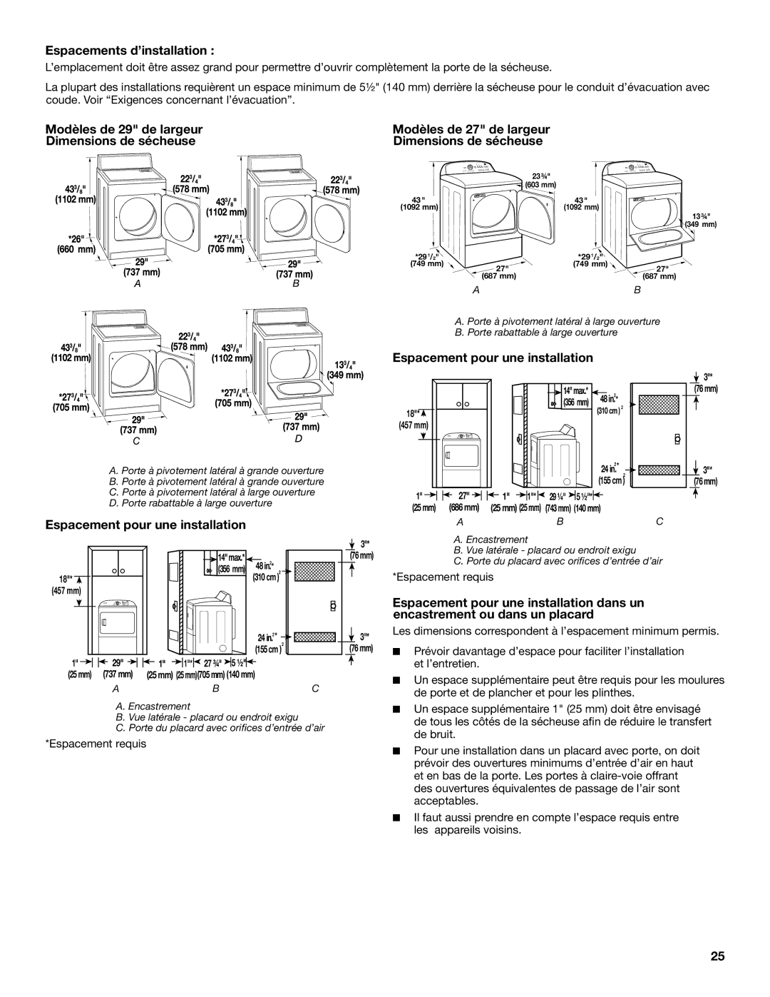 Maytag W10096984A, W10097000A-SP, MGDX600XW Espacements d’installation, Espacement pour une installation 