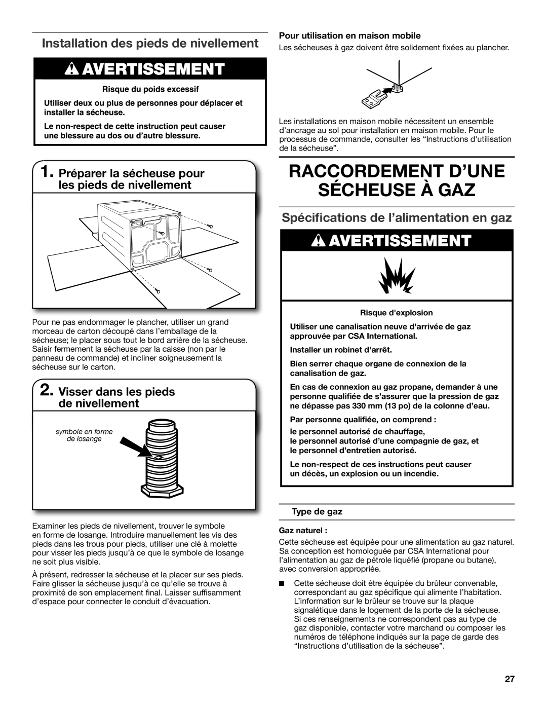 Maytag W10097000A-SP, W10096984A, MGDX600XW Raccordement D’UNE Sécheuse À GAZ, Installation des pieds de nivellement 