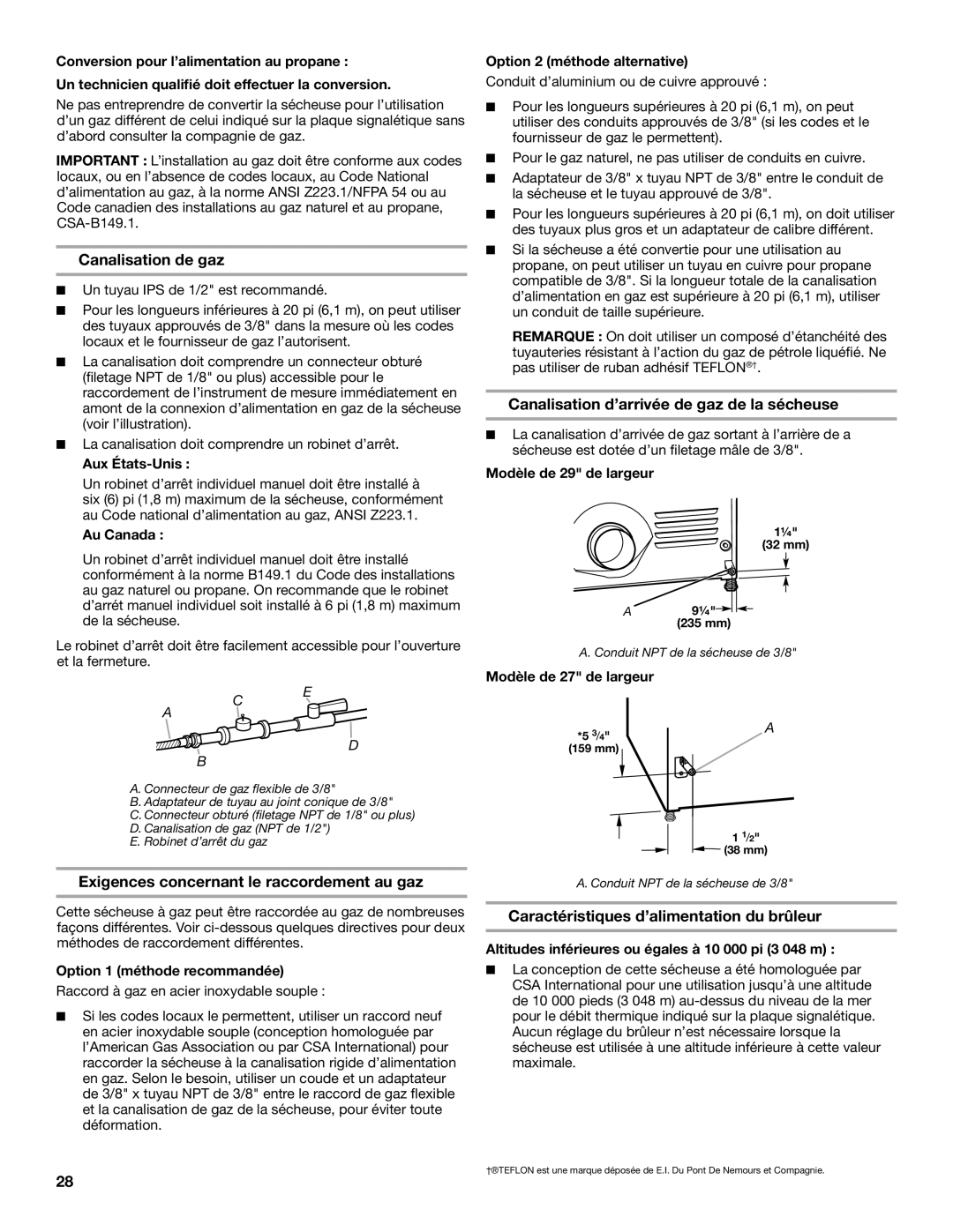 Maytag W10096984A, W10097000A-SP, MGDX600XW Canalisation de gaz, Exigences concernant le raccordement au gaz 