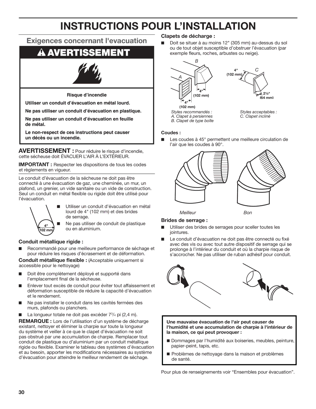 Maytag W10097000A-SP Exigences concernant levacuation, Clapets de décharge, Conduit métallique rigide, Brides de serrage 