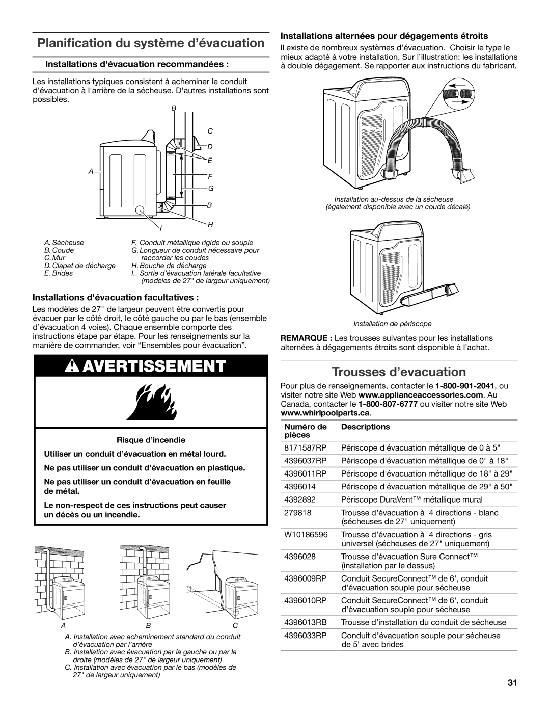 Maytag W10096984A Planification du système d’évacuation, Trousses d’evacuation, Installations dévacuation recommandées 