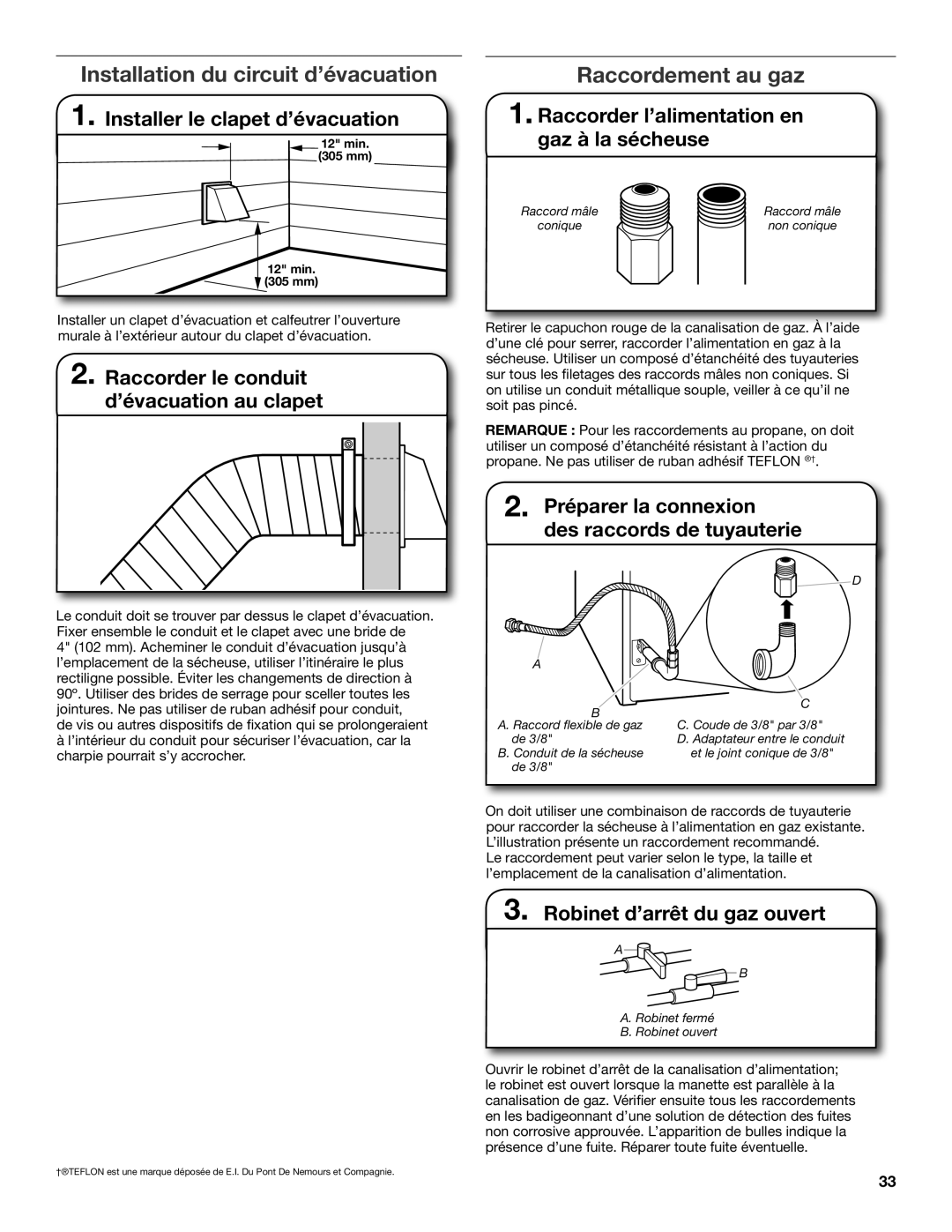 Maytag W10097000A-SP, W10096984A, MGDX600XW Installation du circuit d’évacuation, Raccordement au gaz 