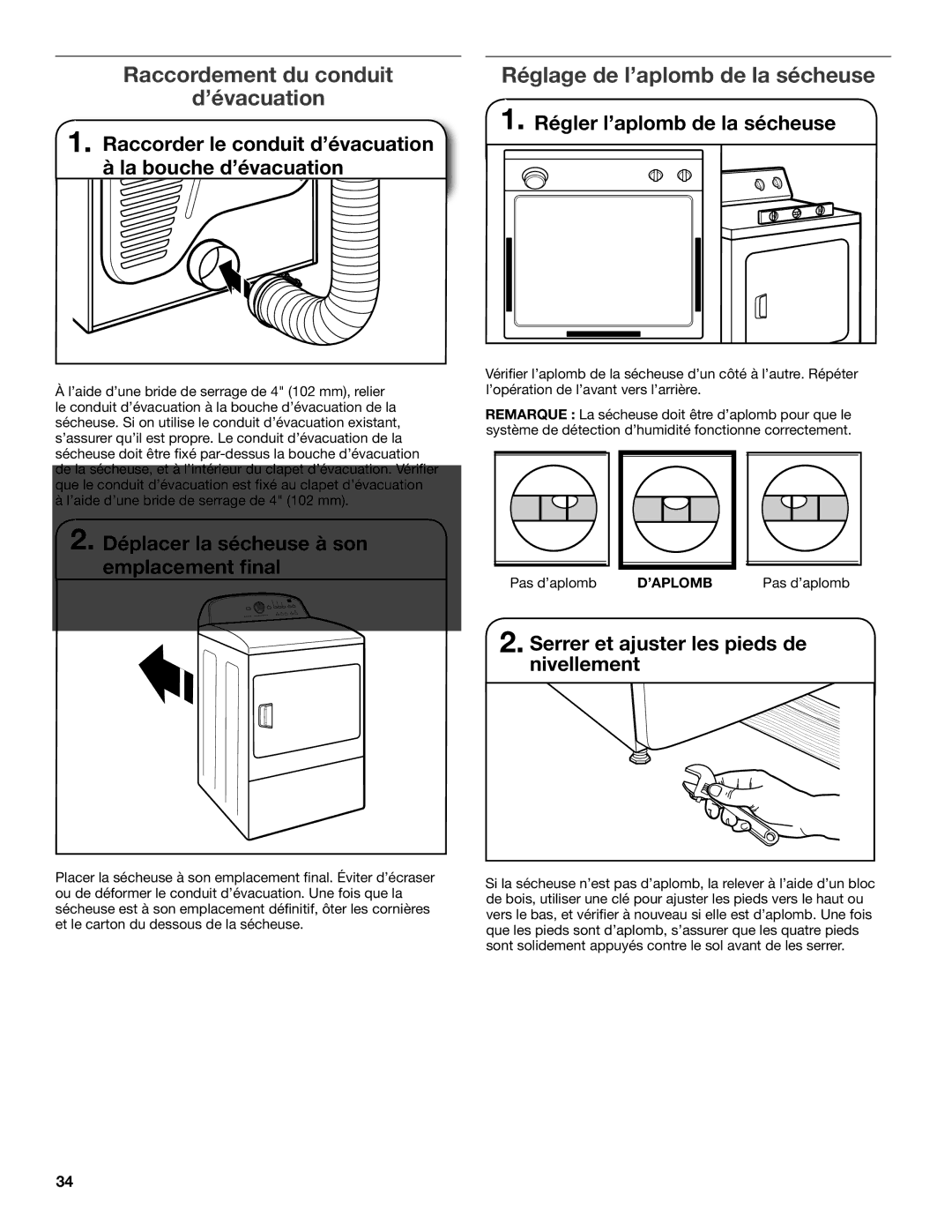 Maytag W10096984A, W10097000A-SP Régler l’aplomb de la sécheuse, Raccorder le conduit d’évacuation, La bouche d’évacuation 