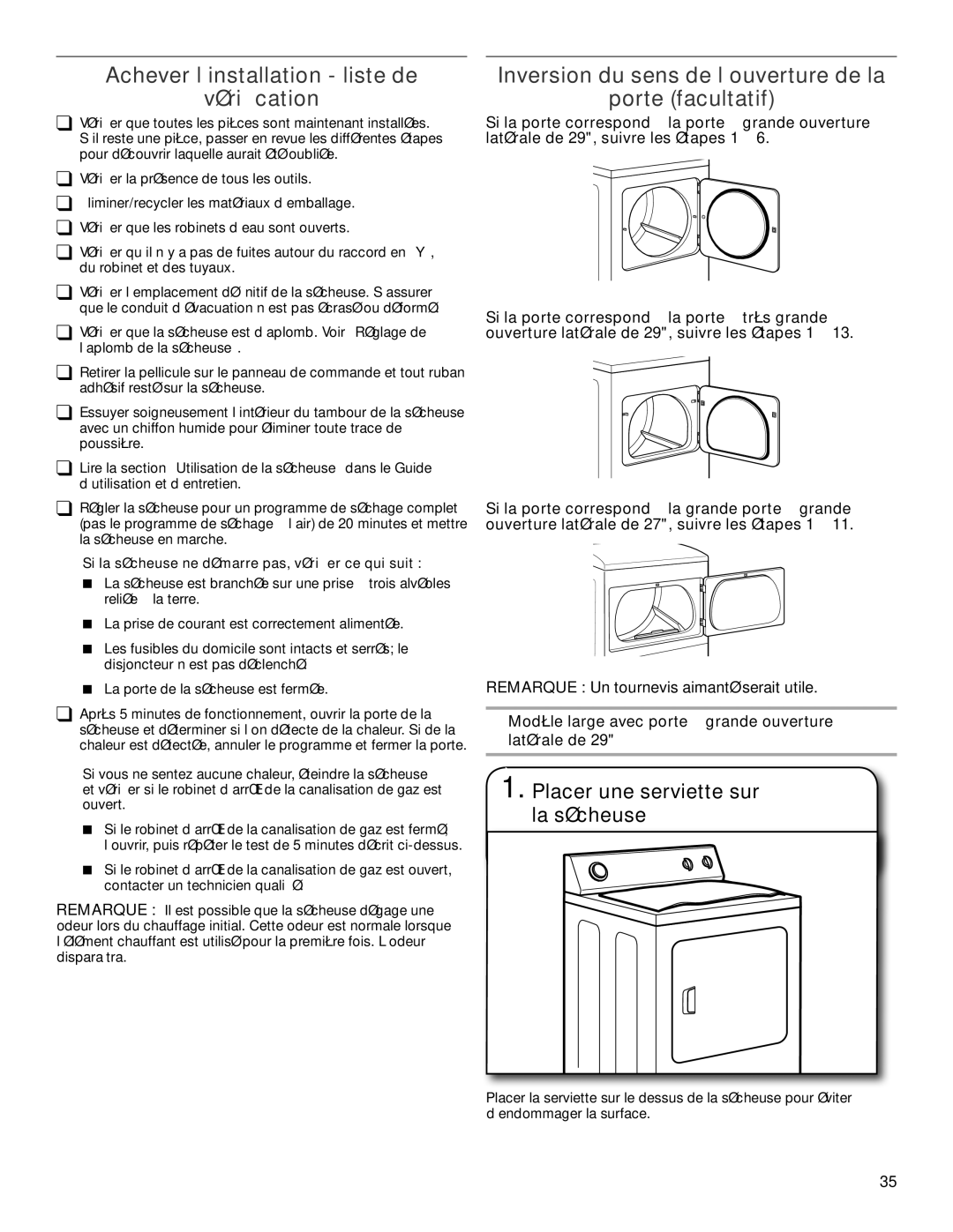 Maytag MGDX600XW Achever l’installation liste de Vérification, Inversion du sens de l’ouverture de la Porte facultatif 