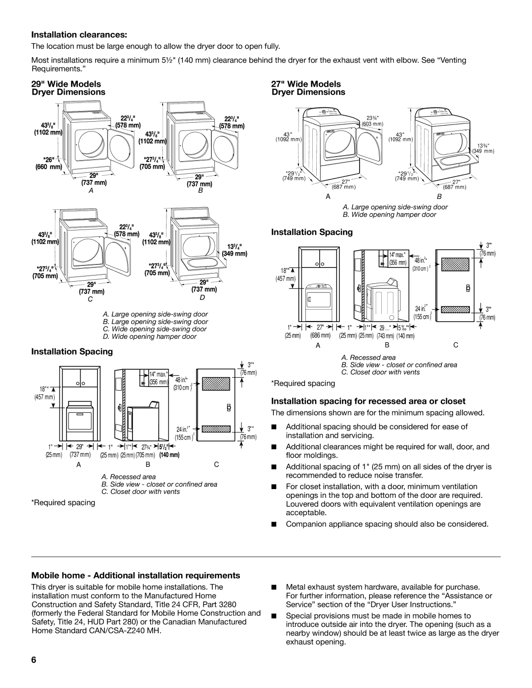 Maytag W10097000A-SP, W10096984A, MGDX600XW Installation clearances, Wide Models Dryer Dimensions, Installation Spacing 