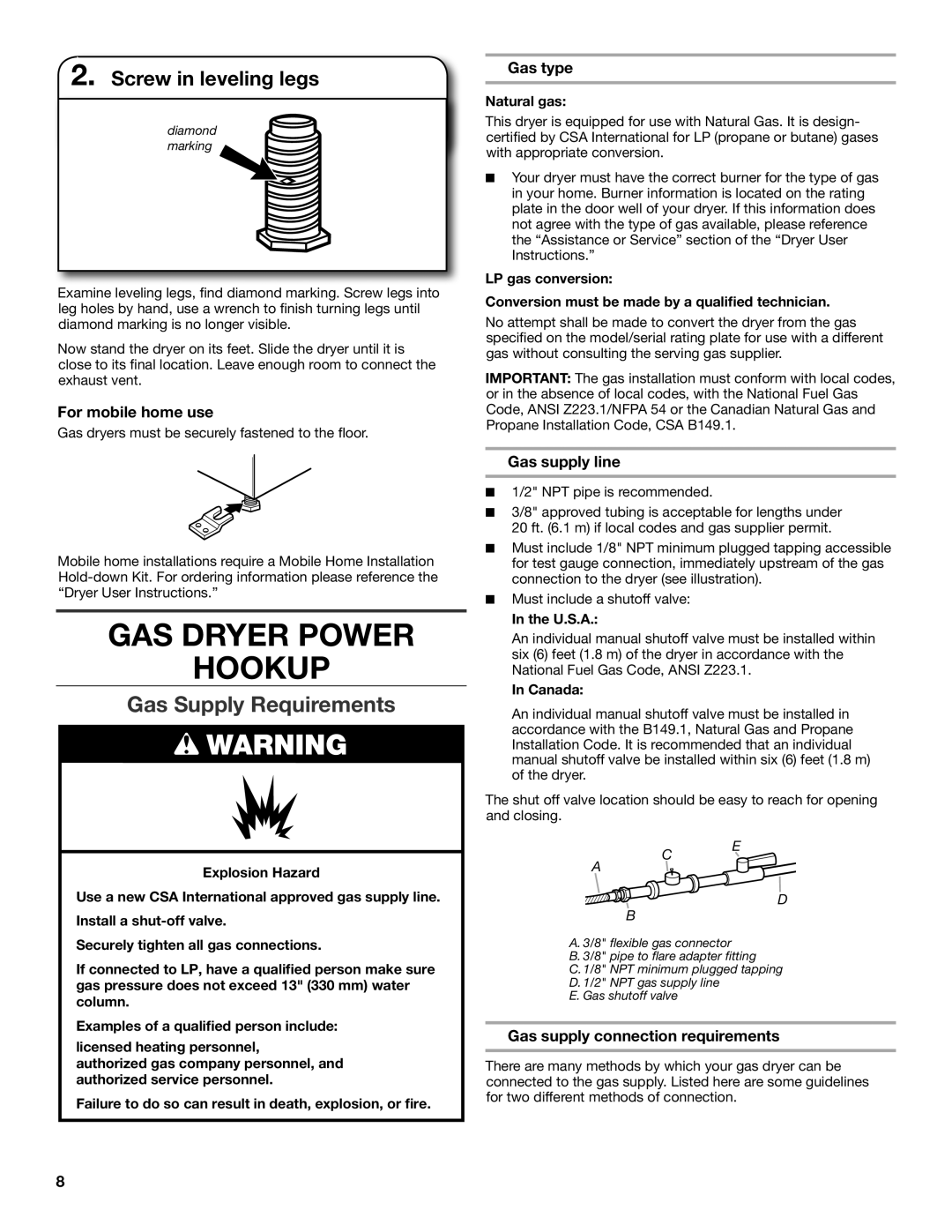 Maytag MGDX600XW, W10097000A-SP, W10096984A GAS Dryer Power Hookup, Gas Supply Requirements, Screw in leveling legs 