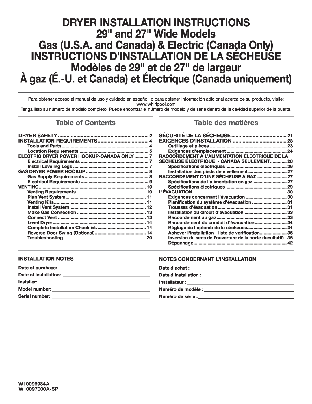 Maytag W10096984A installation instructions À gaz É.-U. et Canada et Électrique Canada uniquement, Table of Contents 