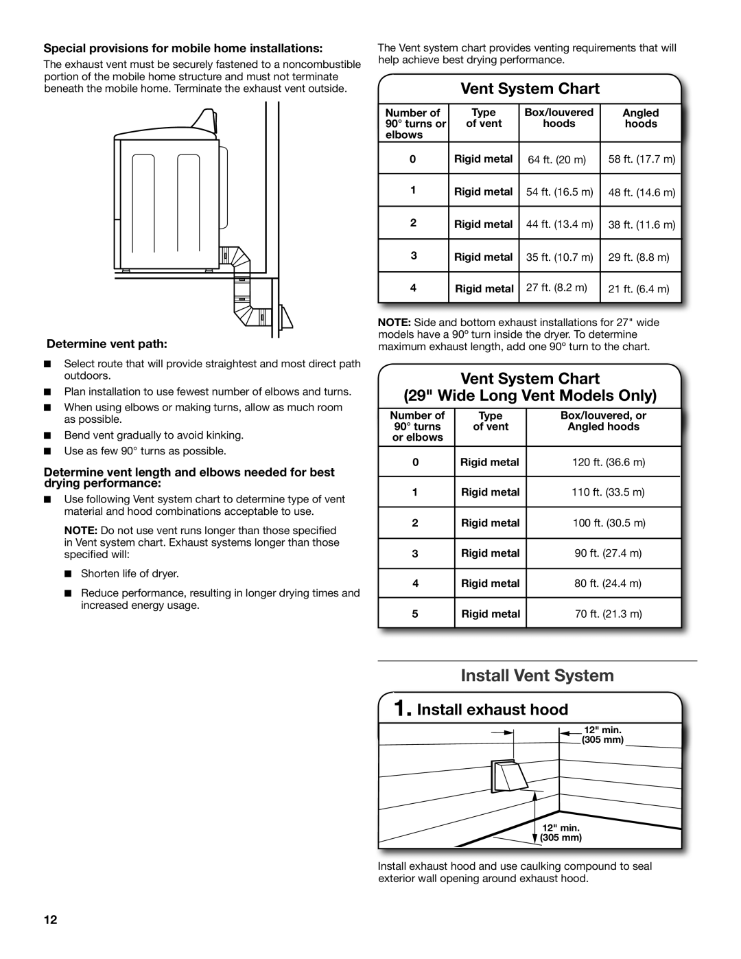 Maytag W10097000A-SP Install Vent System, Vent System Chart 29 Wide Long Vent Models Only, Install exhaust hood 