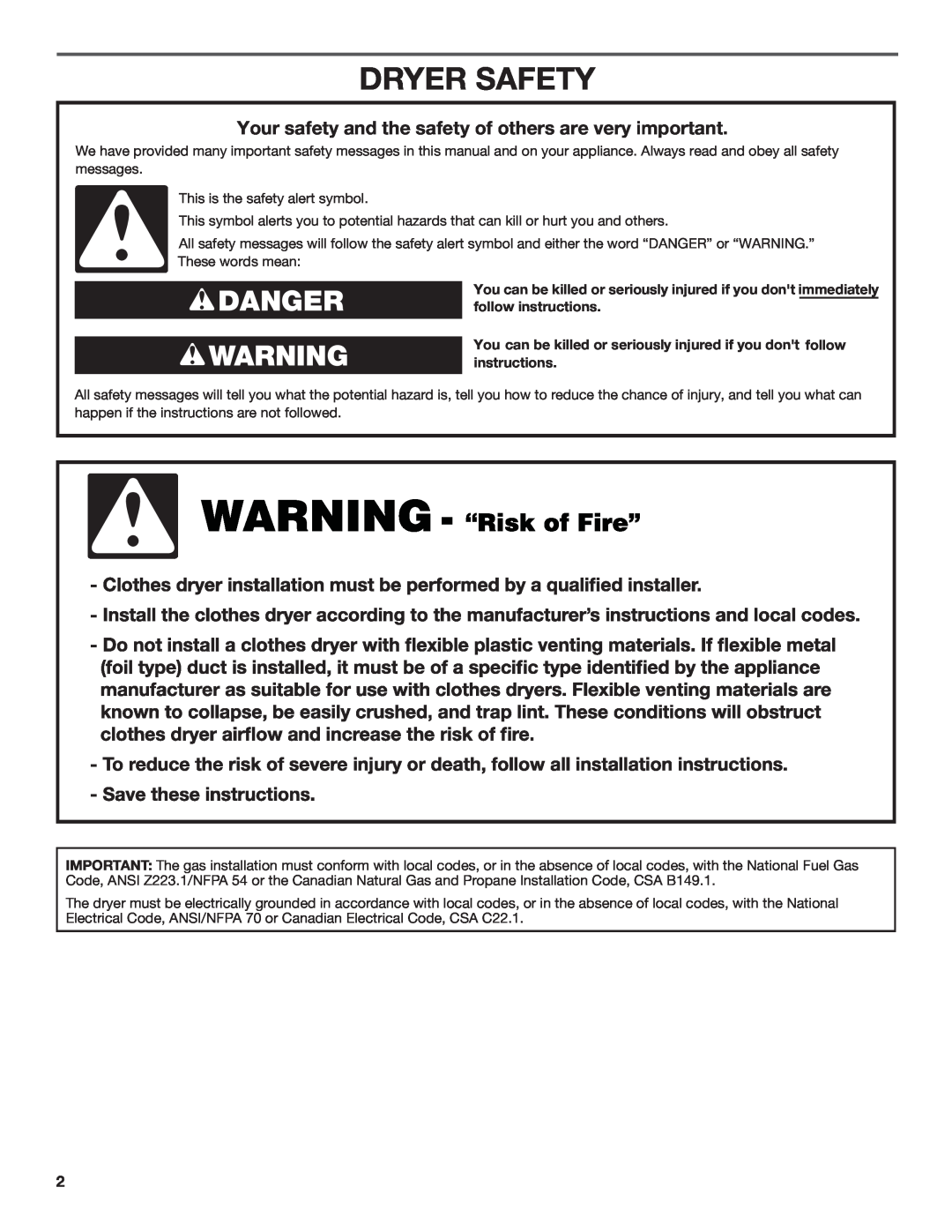 Maytag MGDX600XW, W10097000A-SP, W10096984A installation instructions Dryer Safety, Danger Warning 