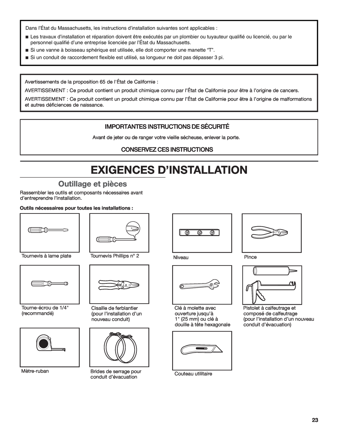 Maytag MGDX600XW, W10097000A-SP, W10096984A installation instructions Exigences D’Installation, Outillage et pièces 